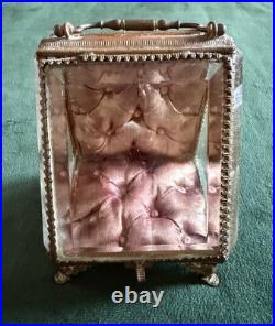 ANCIEN PORTE MONTRE GOUSSET COFFRET BIJOUX ÉPOQUE 19eme VERRE BISEAUTÉ ET LAITON