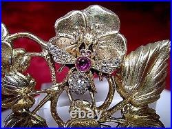 ANTIQUE RARE Ton Or Argent Sterling Fleur Bouquet Diamant Libellule Pendentif