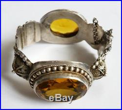 Ancien Bracelet rigide argent massif + pierres jaunes etnique silver