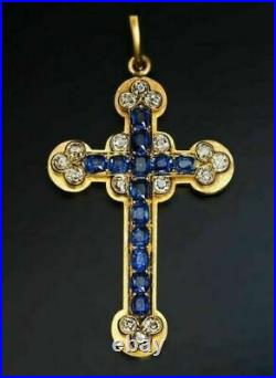 Ancien Sainte Croix Saphir Bleu & Diamant Pendentif 14K Jaune or Sur