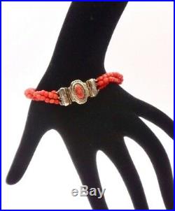 Ancien bracelet 3 rangs corail facette fermoir camée corail et argent vermeil
