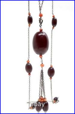 Ancien collier sautoir en Bakélite rouge cherry Amber corail et argent Art Deco