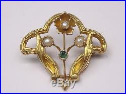 Ancien coulant de sautoir en or 18k Art Nouveau 1900 perles et émeraude