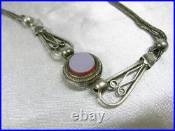 Ancienne Chaine De Montre Gousset Argent Massif Agate Bijoux Jewels Silver