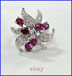 Ancienne bague cocktail diamant rubis or blanc massif 18 carats taille 4,5