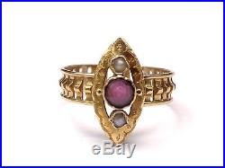 Ancienne bague forme marquise or 18k grenat et demi perles Napoleon III T57