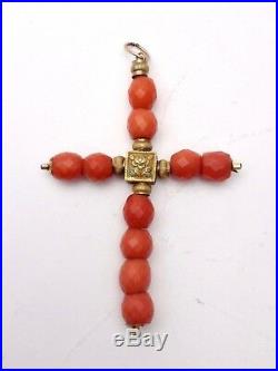 Ancienne croix Jeannette en or 18k email et perles de corail rouge XIXeme