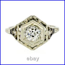 Antique Art Deco 14k White Gold Filigree 0.54ct European Diamond Solitaire Ring