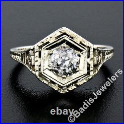 Antique Art Deco 14k White Gold Filigree 0.54ct European Diamond Solitaire Ring