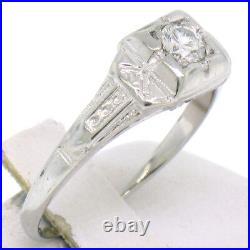 Antique Art Deco 18k Or Blanc Rond Diamant Solitaire Gravé Engraved Ring