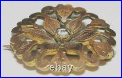 Antique Gilded 800 Silver Floral Brooch with Clear glass Stone
