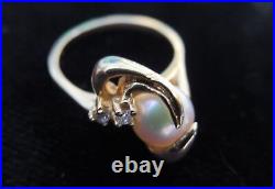 Antique Pearl & Bague Diamant, fine artisanat d'Italie, 14K Or Jaune