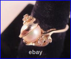 Antique Pearl & Bague Diamant, fine artisanat d'Italie, 14K Or Jaune