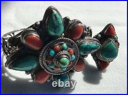 Antique Tibétain turquoise et corail rouge bracelet et correspondant à anneau