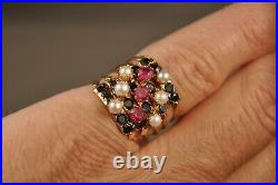 BAGUE ANCIEN OR MASSIF 14K ANTIQUE 19th c SOLID GOLD RING RUBY OBSIDIAN T53
