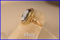 BAGUE ANCIEN OR MASSIF 18K CAMEE AGATE ANTIQUE 19th PEARL CAMEO SOLID GOLD RING