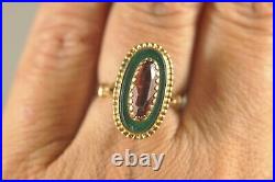 Bague Ancien Or Massif 18k Grenat Jade Antique Solid Gold Garnet Jade Ring T56