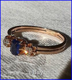 Bague Ancienne Napoleon Iii, Or 18 Carats Saphir Bleu Ceylan Et Diamants
