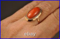 Bague Ancienne Or Massif 18k Corail Antique Solid Gold Coral Ring T57