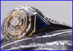Bague Art déco or blanc 18 carats vintage antique édouardien diamant et saphir