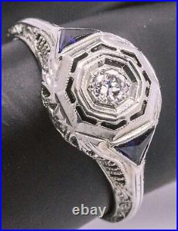 Bague Art déco or blanc 18 carats vintage antique édouardien diamant et saphir