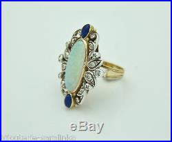 Bague Marquise Ancienne Opale Lapis Lazuli Diamants En Or 18k Ring Antique