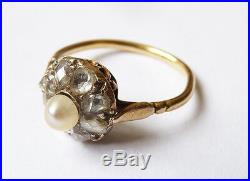 Bague OR massif 18k + perle+ diamants Bijou ancien gold ring 19e siècle
