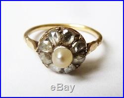 Bague OR massif 18k + perle+ diamants Bijou ancien gold ring 19e siècle