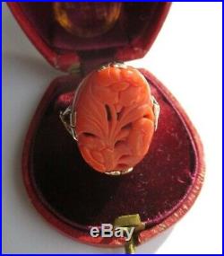 Bague ancienne Grand corail naturel sculpté fleurs Or 9 carats gold ring 375