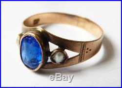 Bague ancienne OR massif 9k + pierre bleue + perle Bijou ancien gold ring