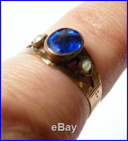 Bague ancienne OR massif 9k + pierre bleue + perle Bijou ancien gold ring