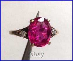 Bague femme ancienne exquise GTR 10K or jaune rubis rouge diamant taille 4,75