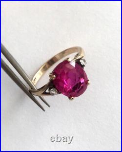 Bague femme ancienne exquise GTR 10K or jaune rubis rouge diamant taille 4,75