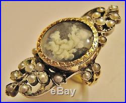 Bague marquise ancienne 18ème, or et argent avec miniature et perles fines