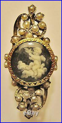 Bague marquise ancienne 18ème, or et argent avec miniature et perles fines