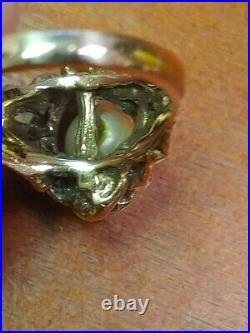 Bague pépite perle vintage en or jaune 10 carats finition antique taille 8,5