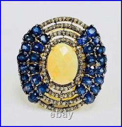 Bague vermeil antique Meher's opale éthiopienne, saphir bleu et champagne diamant