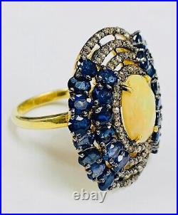 Bague vermeil antique Meher's opale éthiopienne, saphir bleu et champagne diamant