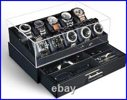 Boîte à Montre, 10 Fentes Boîtier de Montre Homme avec Couvercle en Verre, Vitrine de Montre avec Tirage