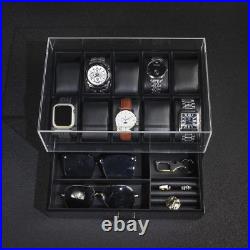 Boîte à Montre, 10 Fentes Boîtier de Montre Homme avec Couvercle en Verre, Vitrine de Montre avec Tirage
