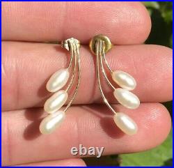 Boucles D'oreilles Vintage Moderniste Or Jaune 14 Carats Et Perle