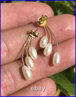 Boucles D'oreilles Vintage Moderniste Or Jaune 14 Carats Et Perle