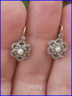 Boucles d'oreilles dormeuses anciennes or 18 carats diamants perles or 750 18K