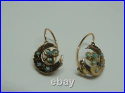 Boucles d'oreilles dormeuses anciennes or 18 carats et turquoises