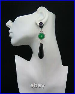 Boucles d'oreilles faites à la main, boucles d'oreilles larme en jade noir pince à clipser, style vintage