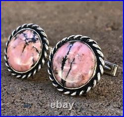 Boutons de manchette vintage moderniste MICHAUD argent sterling et rose pierres précieuses rhodonite