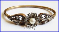 Bracelet ancien argent massif + perles + vermeil silver bracelet bangle pearl