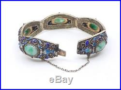 Bracelet chinois ancien argent massif vermeil jade et émail Epoque 1940