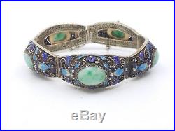 Bracelet chinois ancien argent massif vermeil jade et émail Epoque 1940