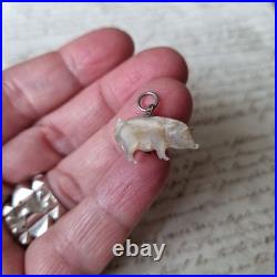 Breloque Ancienne Cochon en Nacre 1900 pour Châtelaine ou Chaine de Montre